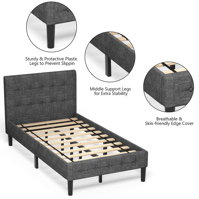 Costway Twin Upholstered Bed Frame Button Tufted Headboard Mattress Foundation, 5 of 11