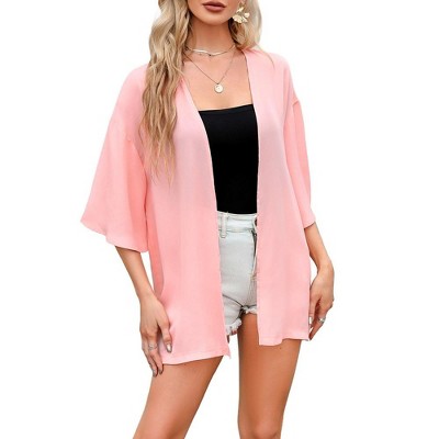 Whizmaxwomen's Cardigan Open Front Chiffon 3/4 Sleeve