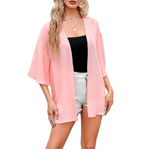WhizMaxWomen's Cardigan Open Front Chiffon 3/4 Sleeve Cardigan Casual Sheer Beach Cover Ups - 1 of 4