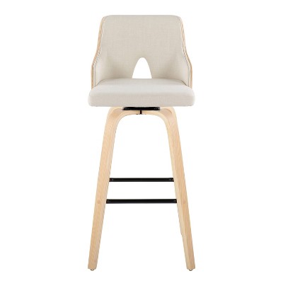 Set of 2 Cream and Natural Wood Swivel Barstools with Black Metal Footrest