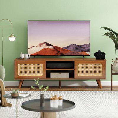GDFStudio Tobias 59'' Vintage Hickory Rattan TV Stand with 2 Slide Doors and Charging Station