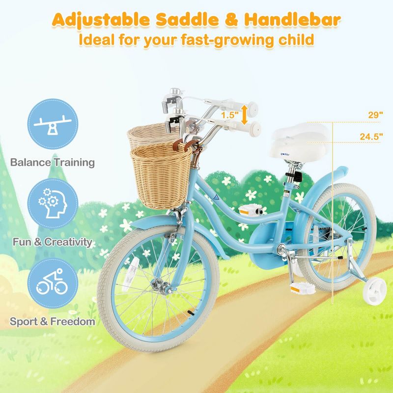 Prorider 18" Kid's Bike with Training Wheels Adjustable Handlebar Seat Handbrake Blue/Green/Pink, 5 of 11