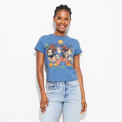 Women's Minnie and Mickey Rodeo Short Sleeve Graphic Baby T-Shirt - Blue L