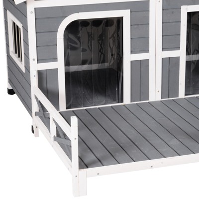 Elevated Large Wooden Dog House with Spacious Sun Deck, Gray