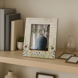 Elegant Rectangle Picture Frame with Flower Field Bottom Border - Decorative Resin Photo Frame for Tabletop Display - Ivory & Green - 1 of 4