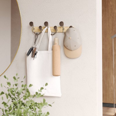Natural Wood and Nickel 9-Hook Wall Mounted Coat Rack