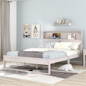 Queen Bed Frame Wood, Queen Size Platform Bed with Storage Headboard, USB Ports, 10 Slates, Sockets, Wood Platform Bed, No Box Spring Needed - 1 of 4