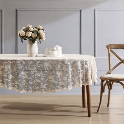 HLC.ME Harper Floral Patterned Scalloped, Wrinkle Resistant, Lace Fabric Table Cloth for Round and Rectangle Tables