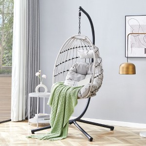 FURNIinspire Patio Swings Hanging Chair With Wicker Weave, Single Person Swing With Seat Cushion For Indoor And Outdoor, Gray, 37“*37"*79" - 1 of 4