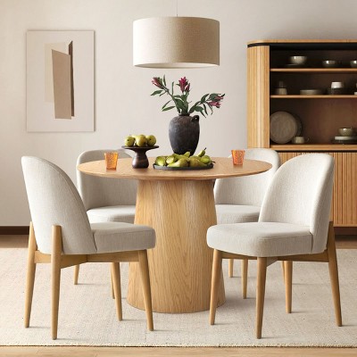 5-Piece Round Dining Table Set, 42'' Oak Pedestal Table with 4 Linen Dining Chairs, Solid Wood Legs, Kitchen or Apartment Furniture-Maison Boucle