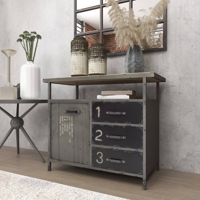 Gray Industrial Metal Cabinet with Wood Top and Drawers