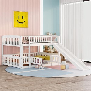 Full Over Full Low Bunk Bed with Fence and Ladder for Toddler - 1 of 4