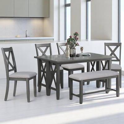 Modern 6-Piece Foldable Dining Set with Upholstered Chairs and Bench, Solid Wood Dining Table for Kitchen or Dining Room