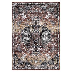 2 x 6 ft Polyester  Imitation Brown Red Rectangular Hallway Bathroom Entryway Kitchen Office Foldable Flower Printed  Washable Area Ru - 1 of 4