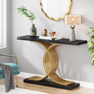 Gold and Black Faux Marble Console Table with Geometric Metal Legs