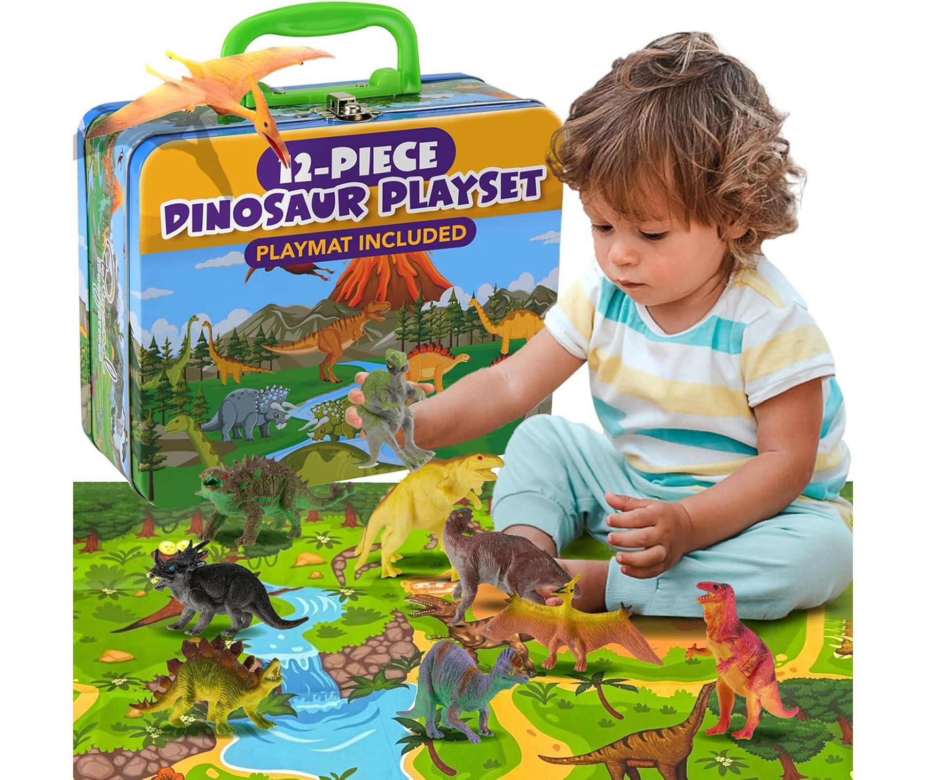 Beyond Innoventions 12-Piece Collectible Dinosaur Set for Kids 3-7 with Play Mat & Storage Box
