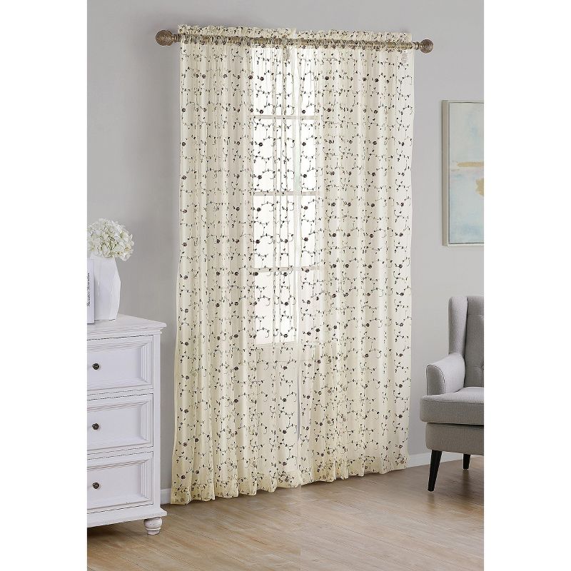 Kate Aurora 1 Piece Shabby Chic Styled Elegant Vintage Rose Embroidered Floral Rod Pocket Sheer Curtain Panel - 84 in. Long, 1 of 6