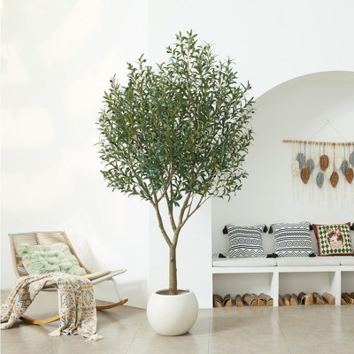 DR.Planzen 5-8FT Lush Artificial Olive Tree - UV Resistant Fake Plant with Black Fruits in 7x8" Black Pot for Indoor/Outdoor House & Floor Decor