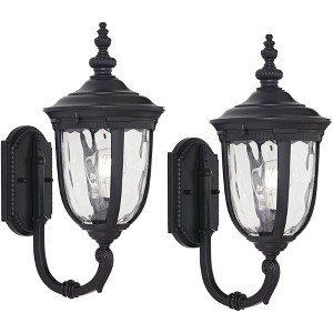 John Timberland Bellagio Vintage Outdoor Wall Light Fixtures Set of 2 Textured Black Metal 16 1/2" Clear Hammered Glass Post Exterior Barn - 1 of 4