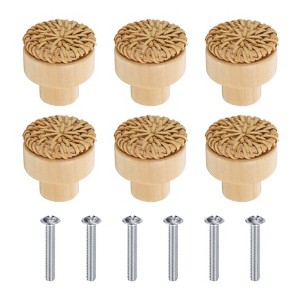 Unique Bargains Rattan Wood Handmade Round Dresser Cabinet Knobs with Screws - 1 of 4