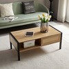 40" Rattan Coffee Table with Sliding Door, Wooden Rectangular Table with Storage and Open Shelf - Natural Color for Living Room, Office, or Apartment - 2 of 4