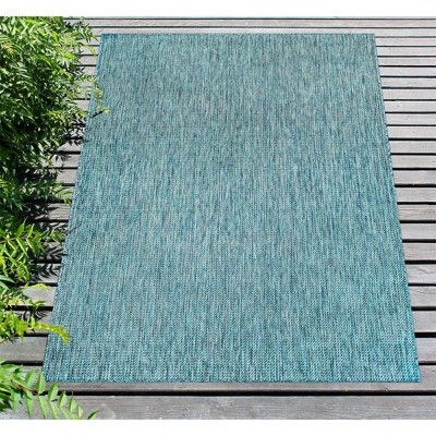 Aqua Flat Woven Stripe Indoor/Outdoor Synthetic Rug