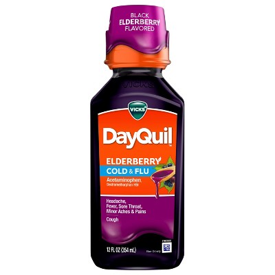 VICKS DayQuil Elderberry Flavor Cold & Flu Relief Liquid Over-the-Counter Medicine Powerful Multi-Symptom Daytime Relief 12 FL OZ