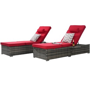 Gulches Dark Gray Rattan Patio Chaise Lounges Set - Outdoor Sofa Deck Chair with Red Cushions - 1 of 4