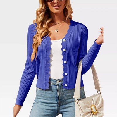 Women's V Neck Lightweight Knit Cardigan with Long Sleeves and Front Button Down Elegant Shrugs for Dresses,Bright Blue - L