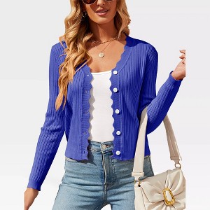 Women's V Neck Lightweight Knit Cardigan with Long Sleeves and Front Button Down Elegant Shrugs for Dresses,Bright Blue - L - 1 of 4