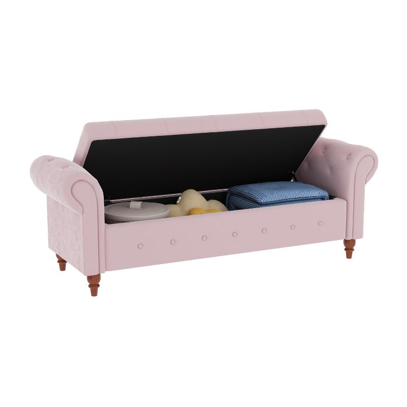 Cecily 63" Button-Tufted Large Storage Ottoman Upholstered Velvet Bench features rolled arms, window seating, and solid wood legs-Maison Boucle, 5 of 8