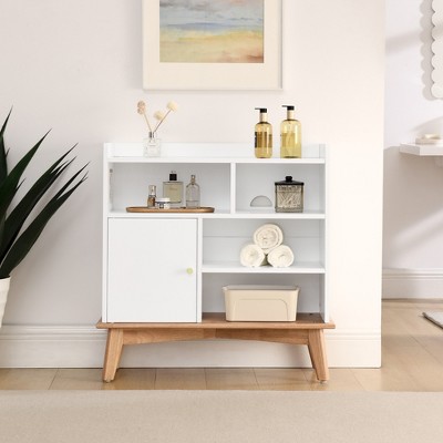 Colorblocking Storage Cabinet with Solid Wood Base & feet, Floor Cabinet for Bedroom Living Room
