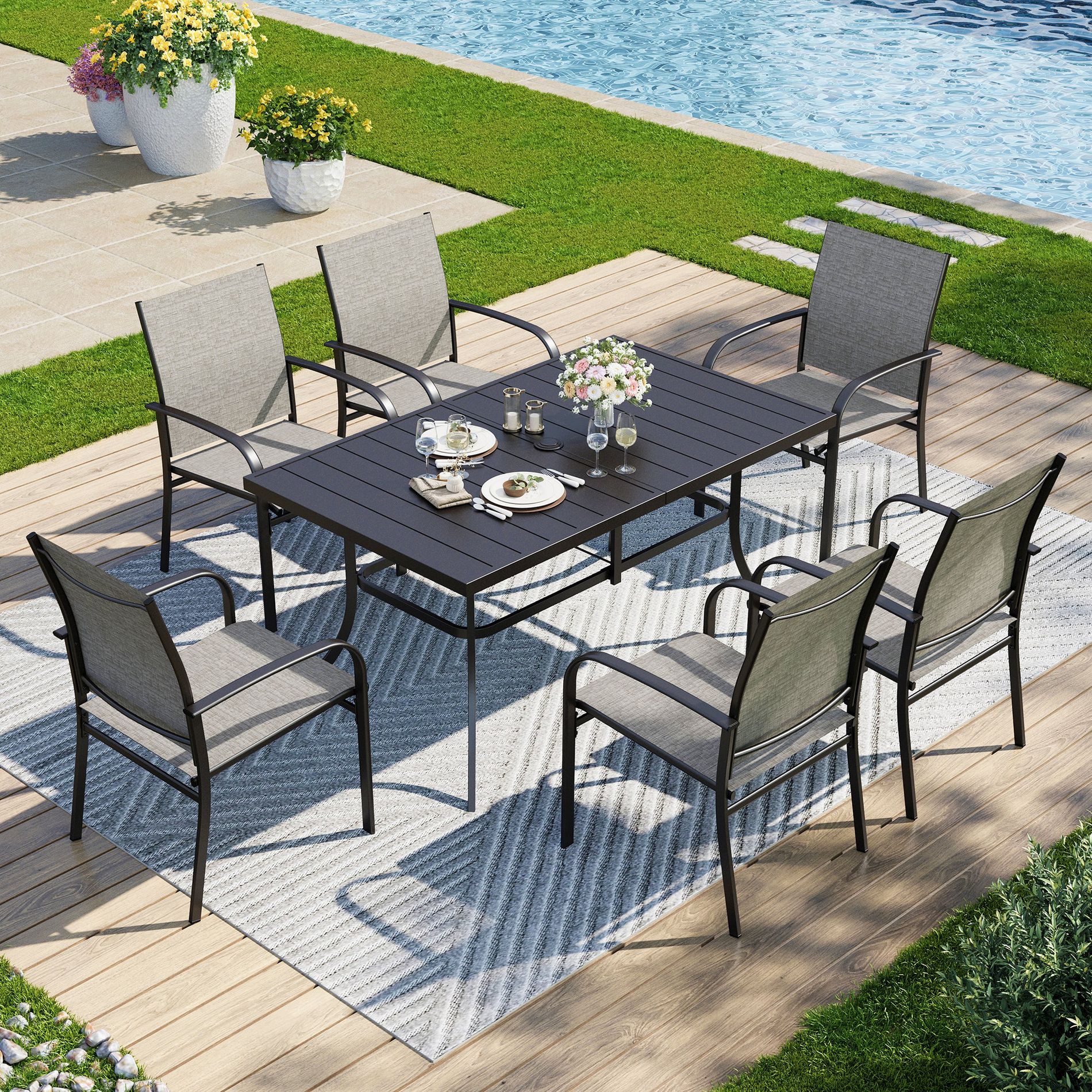 Captiva Designs 7pc Patio Dining Set with Slat-top Rectangle Table & Light Brown Sling Fixed Dining Chairs