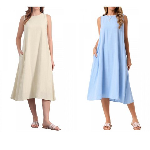 Женские платья INSPIRE CHIC Women's Linen Sleeveless Crew Neck Shift with Pockets Casual Midi Dress Small White 2 Packs Blue/Apricot Medium