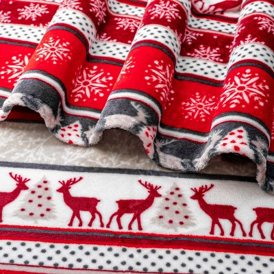 Holiday Reindeer Red and White Fleece Throw Blanket