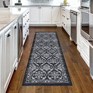 Modern Rugs Floral Print Mat Non-Slip Boho Low Pile Non-Shedding Carpet, 2' x 8' Black Gray - 1 of 4