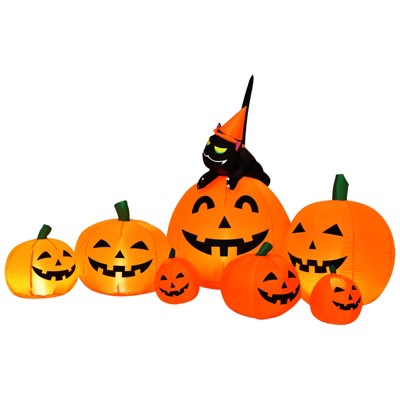 Tangkula 7.5 FT Halloween Inflatable Pumpkin Combo with Witch Black Cat Blow up Pumpkin Decoration with LED Lights