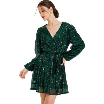 Allegra K Women's Glitter Sequin V Neck Long Sleeve Tie Waist A-Line Mini Party Dress