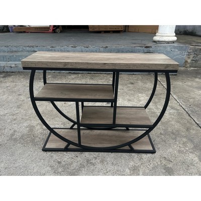 Industrial Sofa Table with Circle Base & Storage - Rustic Wood Console for Entryway, Hallway, Foyer