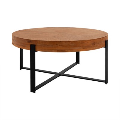 NicBex Retro Round Wood Coffee Table Black/Gold Cross Metal Legs Accent Table for Living Room