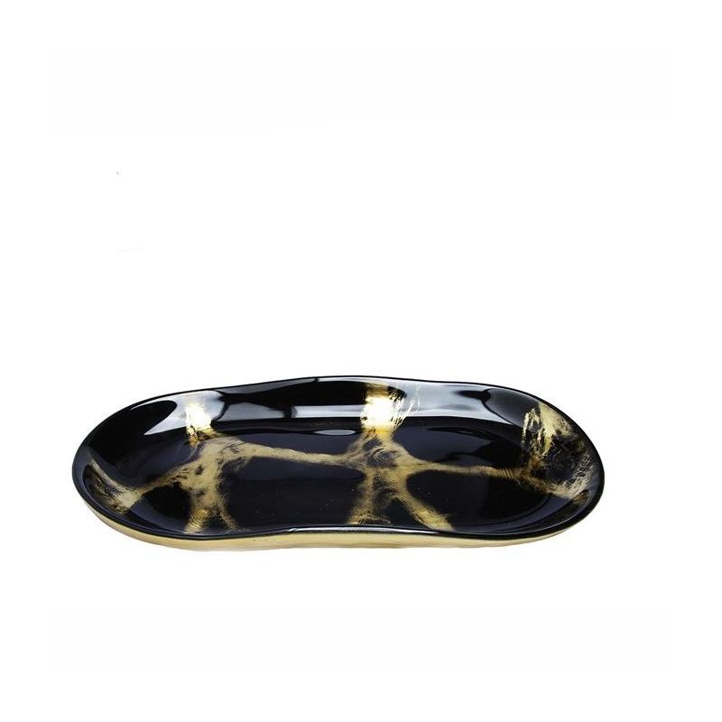 Classic Touch 10.5"L Black and Gold Marbleized Oval Dish, 2 of 5