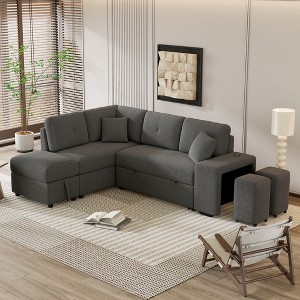 87.7" Convertible Pull Out Sleeper Sofa Bed with Storage Ottoman, 2 Stools, Wireless Charger and USB Ports 4M-ModernLuxe - 1 of 4
