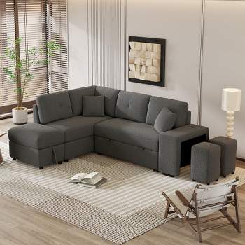 104 Pull Out Sleeper Sofa, Reversible L-Shape Sectional Couch with Storage  Chaise and 2 Stools, Gray-ModernLuxe