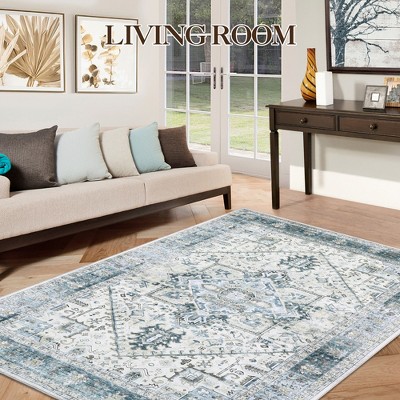 Washable Area Rug Vintage Distressed Rug,Thin Floor Carpet, Foldable Stain Resistant Rug, Faux Wool Rug for Kitchen, Bedroom, Living Room