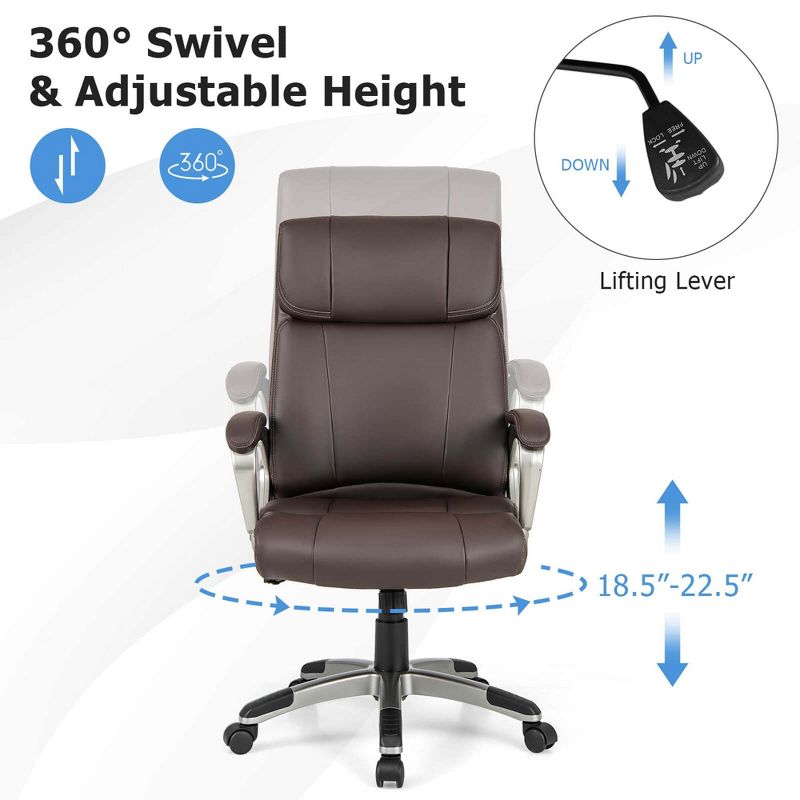 Costway Ergonomic Office Chair PU Leather Executive Swivel with Upholstered Armrests Brown, 5 of 9