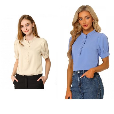 Allegra K Women's Work Office Half Placket Ruffled Puff Sleeve Blouse 2 Packs
