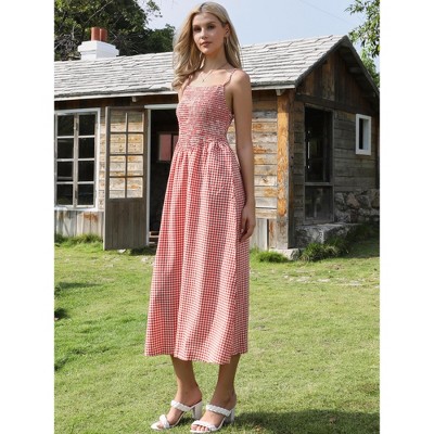 Женские платья INSPIRE CHIC Women's Gingham Summer Spaghetti Strap Sleeveless Smocked Sundress A-Line Maxi Dress Medium Red — фото 4