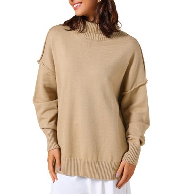 INSPIRE CHIC Women's Mock Neck Long Sleeve Loose Oversized Sweater Tops Large Khaki