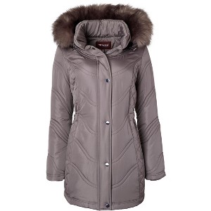 Sportoli Jackets for Women Quilted Down Alternative Longer Winter Coat with Fur Trim Hood - 1 of 4