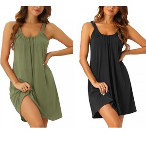 cheibear Women's Sleeveless Elastic Wide Strap Large Hem Short Nightgown 2 Pcs - 1 of 4